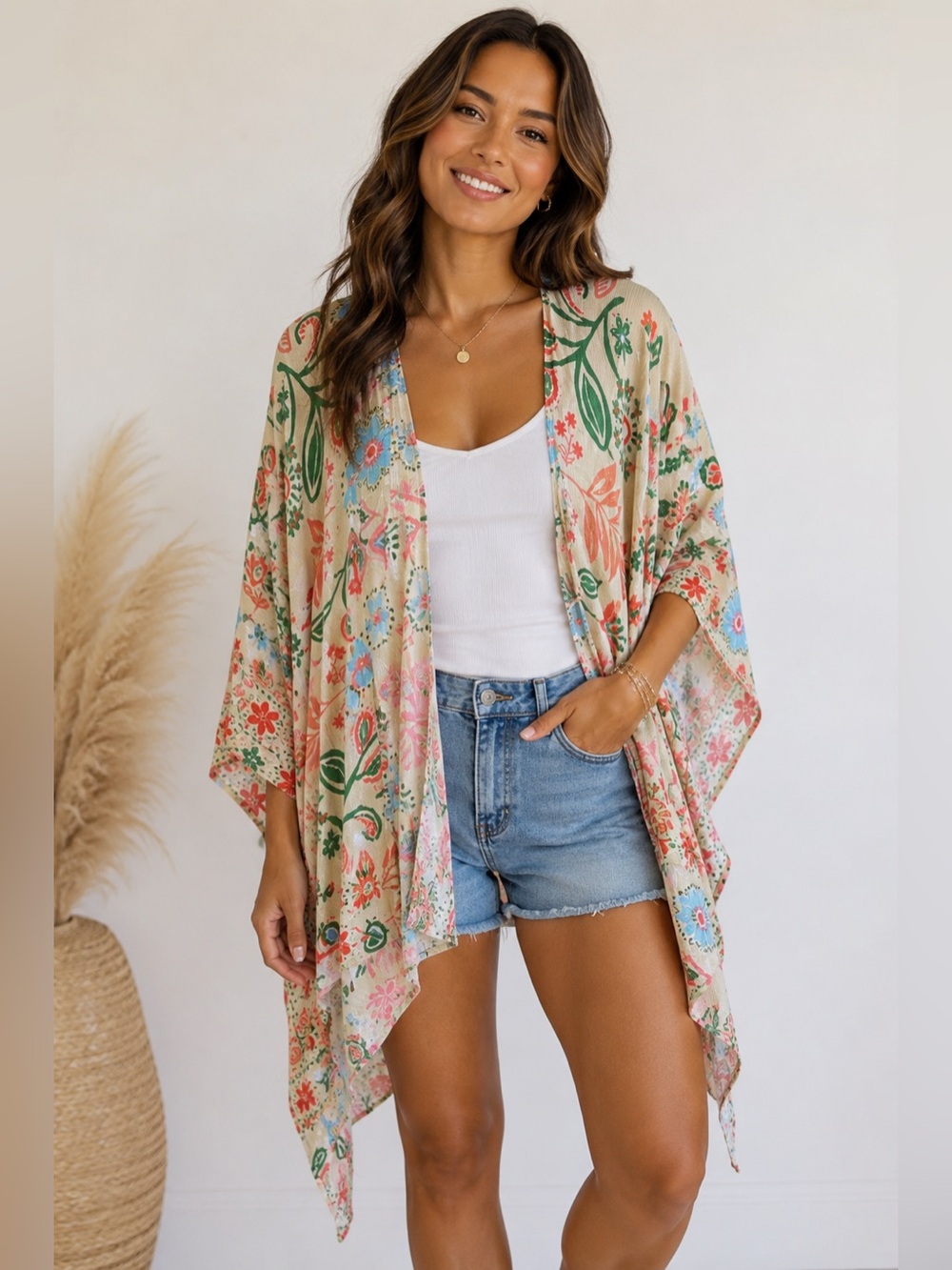 Easel Duster Cardigan Women‎ M Cream Excellent Floral Boho Festival Cover Up
